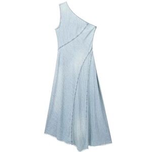 Zara One Shoulder Denim Midi Dress